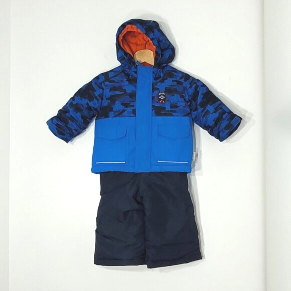 Gusti Kids Blue Zip-Up Hooded Adjustable Winter Jacket Set Black Snow Pants 18M